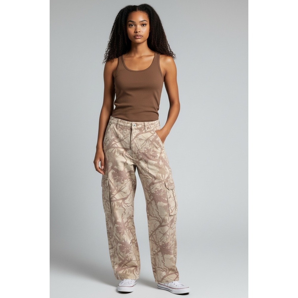 Refrain Women's Cargo Pants Wide‎ Leg Camouflage Tan Beige Size 15 32 Utility